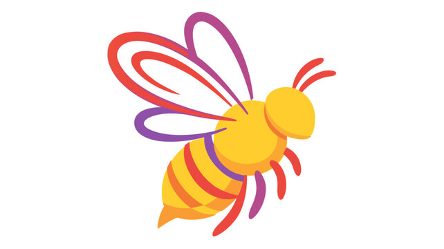 Colorful stylized bee vector illustration featuring vbrant orange, red, and purle line art wings and a yelow striped body, isolatedon white background for naure and insect design projcts.
