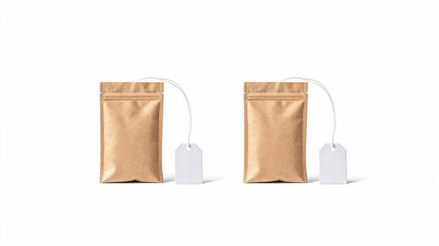 Two small kraft paper pouches with blank white tags for tea or coffee tea bag loose leaf single serving zip lock packaging container beverage isolated