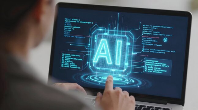 Programmer using laptop with AI coding assistant for software development and automation. Artificial intelligence generates code, detects bugs, optimizes workflow, and supports application building.