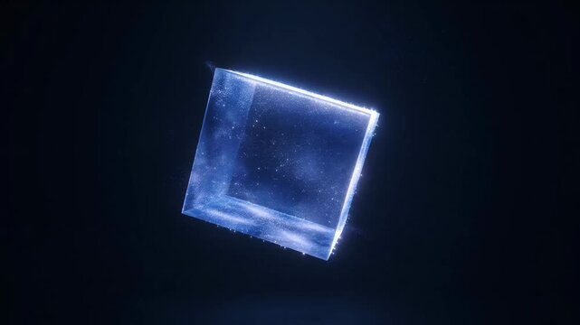 Futuristic glowing blue digital neon cube floating in dark abstract space