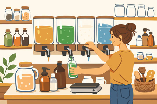 Hand-drawn vector illustration of a woman refilling a glass bottle at a zero-waste store with liquid dispensers for sustainable products like soap and detergent in an eco-friendly shop interior.