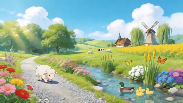 Sheep walking on path near stream with farm animals