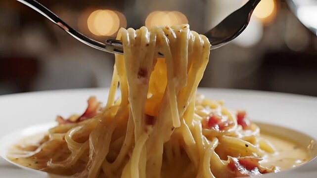 Closeup of creamy pasta being twirled with forks in a restaurant.