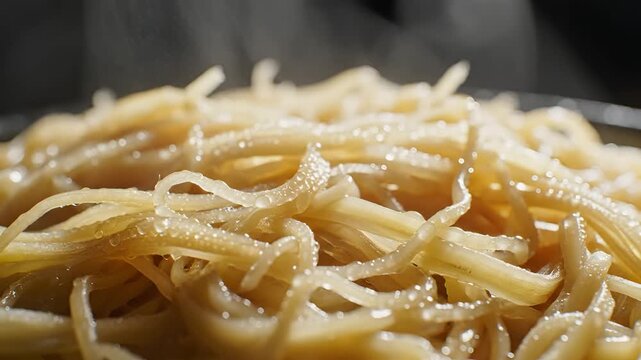 Closeup of delicious cooked pasta with a glossy sauce.