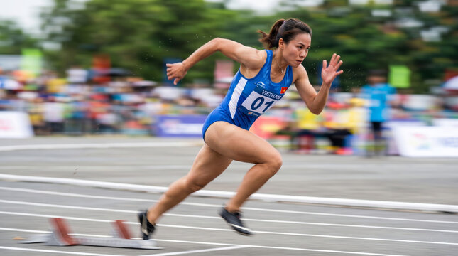 Female athlete sprinting on track, dynamic action shot of a runner in motion, sporting event, determined expression, competitive spirit, speed and athleticism.