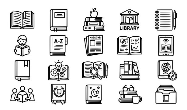 Books icon set with library textbook and education study vector symbols