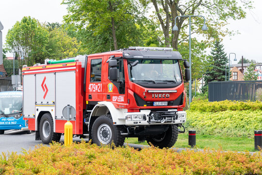 Leba, Poland - August 27, 2025 - Red Iveco EuroCargo fire truck of the Volunteer Fire Department (OSP Leba)