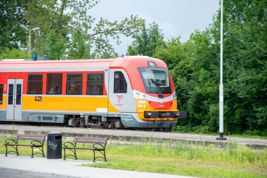 Leba, Poland - August 27, 2025 - Close up of a Polregio SA137 diesel multiple unit train at the station platform