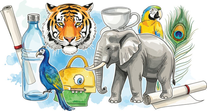 Whimsical watercolor illustration featuring a tiger elephant parrot peacock and assorted objects isolated on transparent background