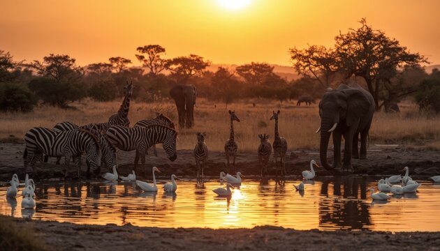 African wildlife gathering at a waterhole during a golden sunset, elephants and zebras drinking water