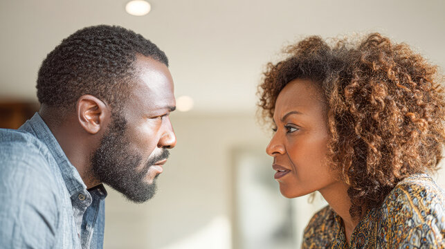 Two people intensely facing each other, engaged in a serious conversation or confrontation indoors with focused expressions.