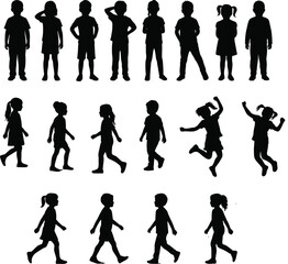 Obraz premium Children Silhouette Collection with Standing Walking and Jumping Kids Poses Isolated Vector Illustration Set