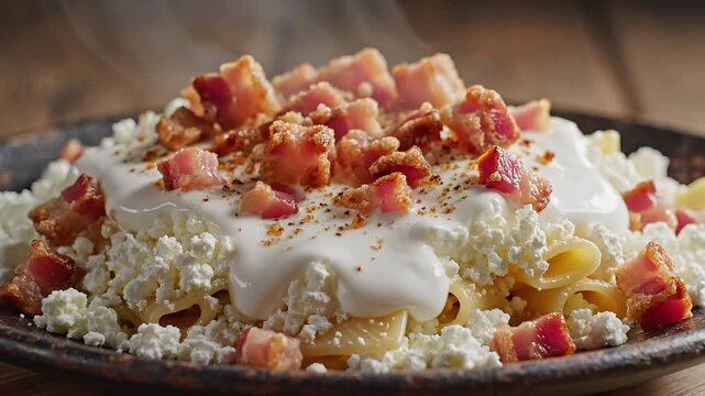Delicious Traditional Slovak Bryndzove Haluky with Bacon and Sour Cream.