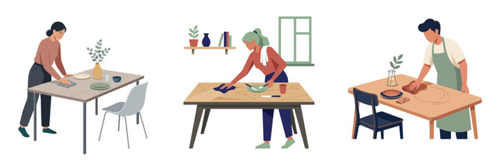 Fototapeta premium Minimal flat illustration of a person wiping a dining table after meals, modern household activity, white background.