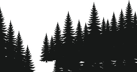 Fototapeta premium Dense pine forest silhouettes with evergreen trees in layered woodland landscape design for natural scenic background elements