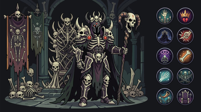 Dark fantasy necromancer character asset featuring bone armor, skull staff, and bone throne with banners. Includes a set of ten circular spell ability icons for game UI design.