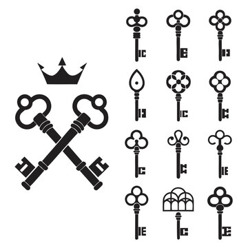 Set of black silhouette featuring crossed keys, a crown, and various decorative antique keys