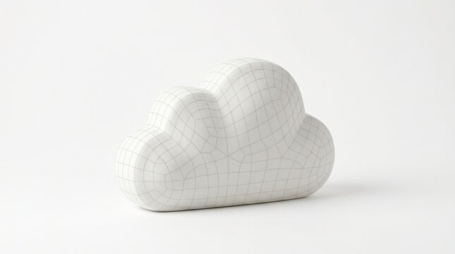 Single white cloud shape with subtle wireframe grid overlay on a pure white background