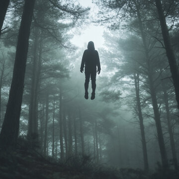 Dark hooded figure floating in a misty foggy forest, eerie surreal horror scene