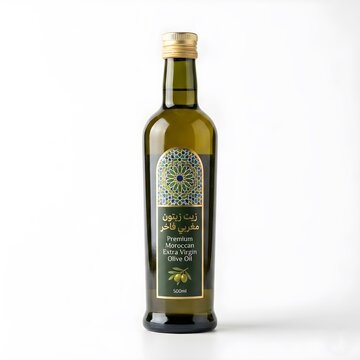 Premium Moroccan Extra Virgin Olive Oil Bottle: A pristine bottle of premium Moroccan extra virgin olive oil, its dark glass accentuating the rich green liquid within.