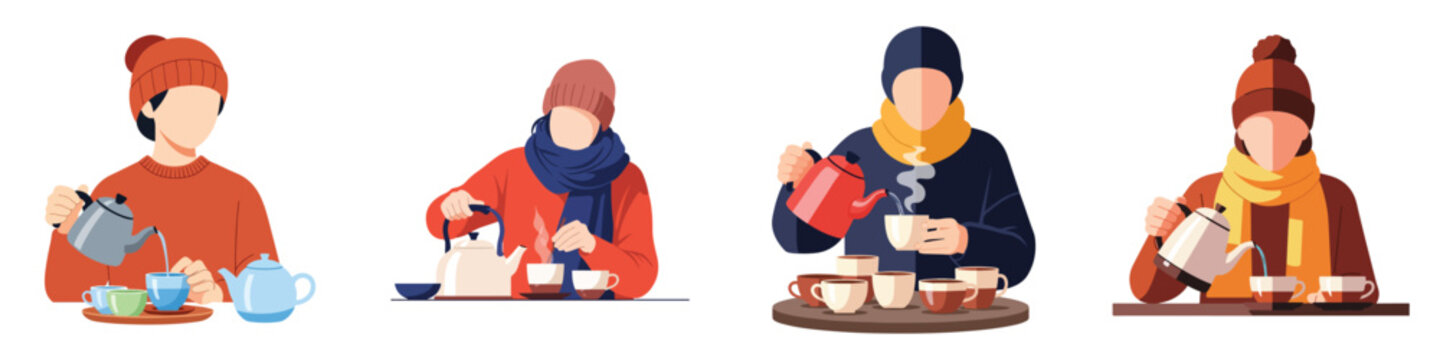 A collection of cozy scenes depicting individuals in winter attire preparing and serving warm tea, evoking feelings of comfort and relaxation during cold weather
