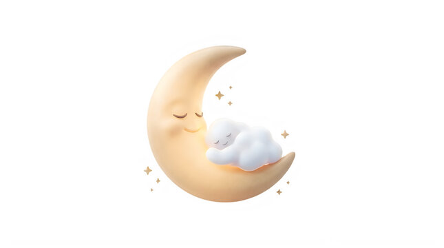 Cute cartoon moon and cloud sleeping peacefully together in space with stars transparent background, 