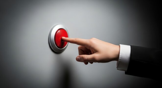 Hand in a suit jacket pressing a large circular red button on a wall