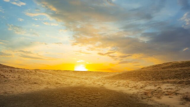 dry cracked saline land at the sunset, outdoor disaster time lapse scene