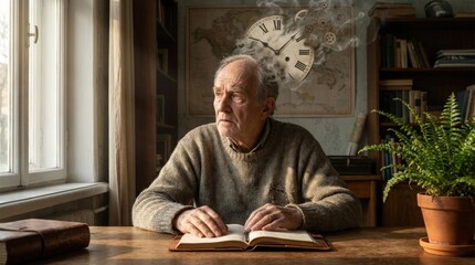 Fototapeta premium Elderly man experiences a difficult moment with memory loss, brain awareness concept depicting cognitive decline, time perception fading, mental confusion, forgetfulness symptom.