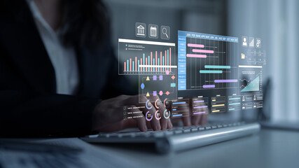 Fototapeta premium Business Professional Analyzing Modern Data Visualization Tools and Graphs on a Computer Screen with Interactive Dashboard Features Haptic.