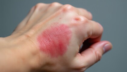 Naklejka premium Red skin patch on human hand shows irritation. Close-up view reveals inflamed texture and sensitive reaction. Medical check-up for allergy or skin condition.