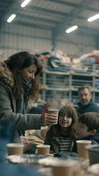 A medium shot captures a volunteer offering a steaming paper cup of tea to a tired family amid stacked cots and donated clothes bins with gentle shallow depth of field emphasizing