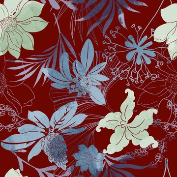 Abstract Hand Drawing Old Textured Botanical Tropical Flowers and Leaves Seamless Upholstery Pattern with Isolated Background