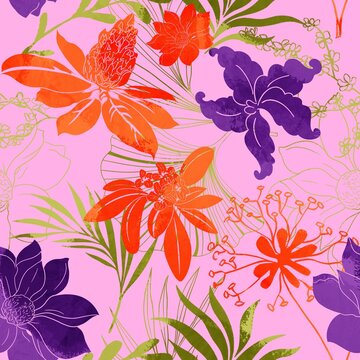 Abstract Hand Drawing Old Textured Botanical Tropical Flowers and Leaves Seamless Upholstery Pattern with Isolated Background