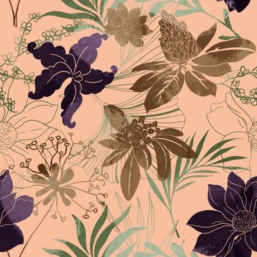 Abstract Hand Drawing Old Textured Botanical Tropical Flowers and Leaves Seamless Upholstery Pattern with Isolated Background