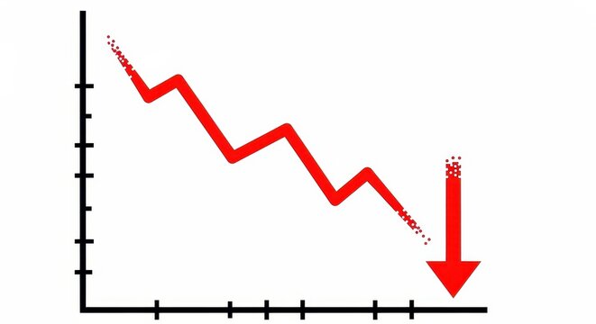 Red line graph showing a downward trend with a large red arrow pointing down on white background