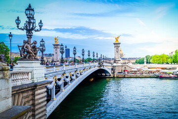 Fototapeta premium Paris landmark - famouse Alexandre III Bridge at blue dusk, Paris, France