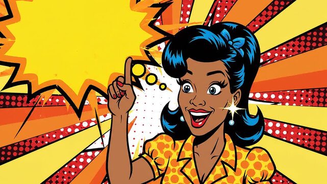 Panning shot tracking retro comic woman raising finger against pop art explosion background in bright halftone style