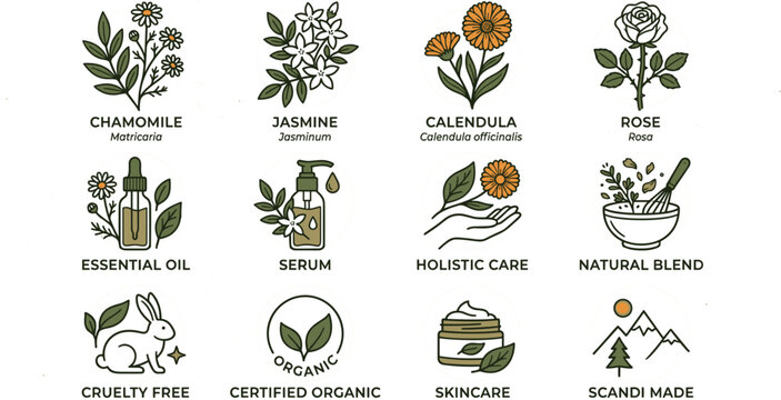 Organic Botanical Skincare Icon Set with Chamomile Jasmine Calendula Rose Essential Oil Serum Cruelty Free and Holistic Beauty Badges Vector Illustration