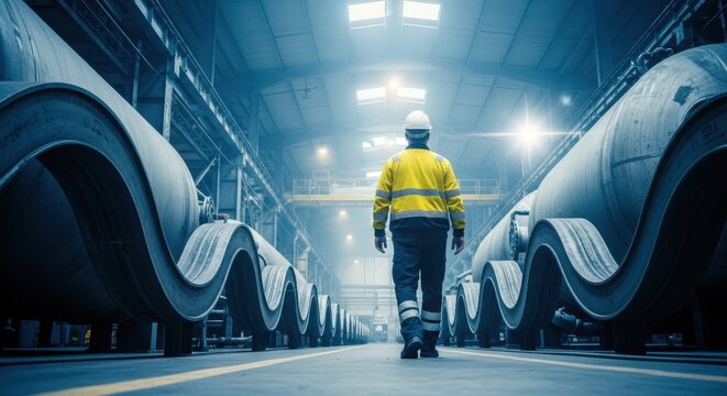 Industrial Worker in High-Visibility Gear Walking Through a Large Pipe Manufacturing Factory or Warehouse