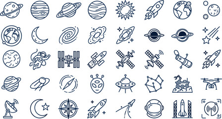 Space and Astronomy Thick Line Icon Set with Planets Rocket Ships Astronaut Satellites Galaxy UFO Alien and Science Fiction Elements Vector Illustration © Md