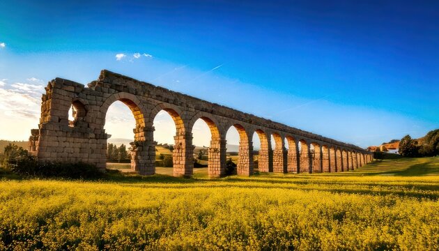 Ancient Roman Aqueduct in the Italian Countryside at Sunset.