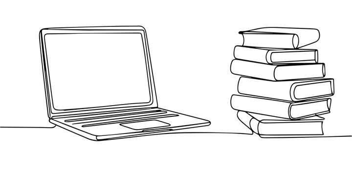 laptop and stacked books on a desk    continuous one line drawing, laptop and stacked books on a desk    continuous one line drawing