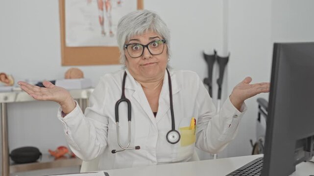 Woman doctor in white coat with stethoscope shrugs shoulders at desk computer in medical building; confusion.
