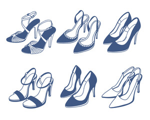 Fototapeta premium Collection of elegant womens high heels shoes and sandals. Blue illustrations.