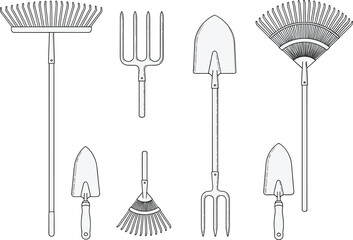 Garden tools line art vector set featuring rakes pitchforks shovels and hand trowels isolated on white background © Sharika