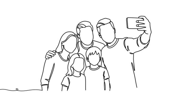 Animation of line drawing of family taking a group photo together, representing memories, unity, and happy moments.