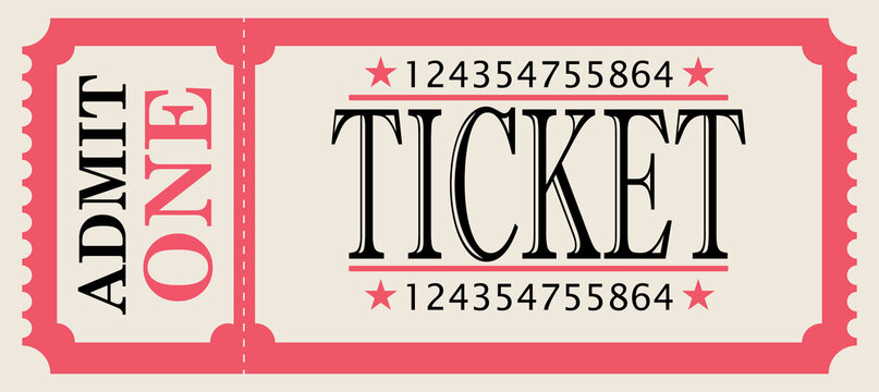Vintage style admit one ticket stub with red border and unique serial number isolated on white background