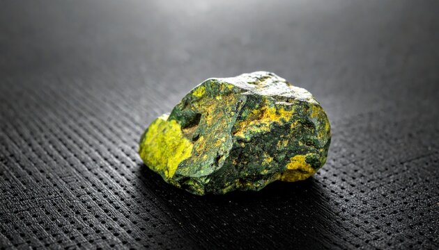 Ancient weathered piece of uranium ore displaying subtle green and yellow mineral textures on a dark background