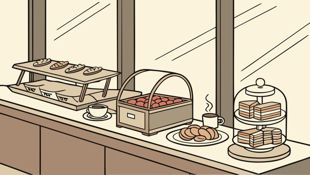 A buffet setup displays various pastries and coffee near a window.